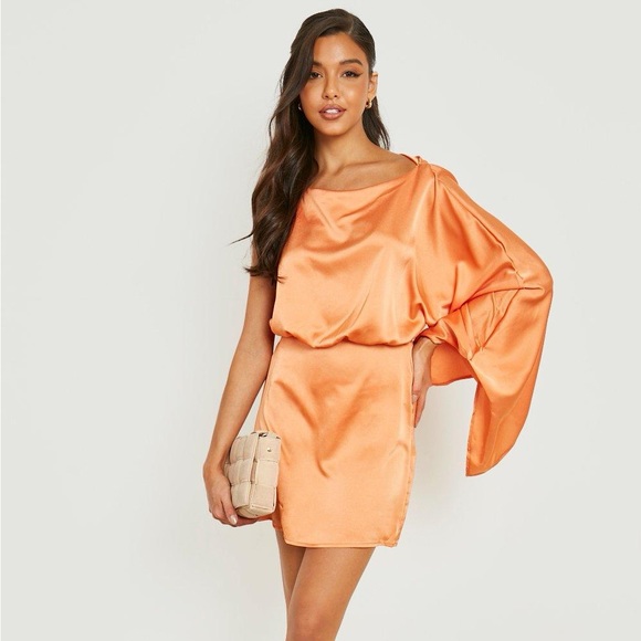 Boohoo | Dresses | Asymmetrical One Sleeve Orange Satin Mini Dress ...